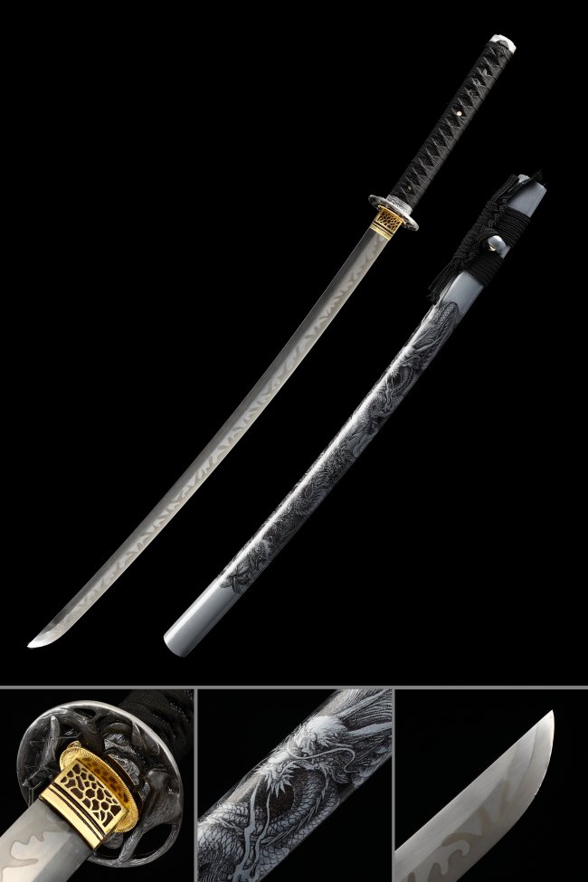 Gray Katana with Dragon-Engraved Saya in Manganese Steel - Black Tsuka, Gold-Black Tsuba