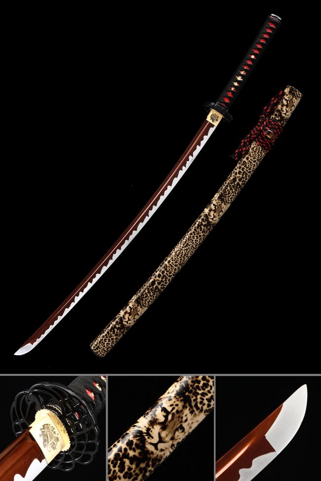 Manganese Steel Red Blade Katana with Tiger-Print Leopard Saya - Black & Red Tsuka
