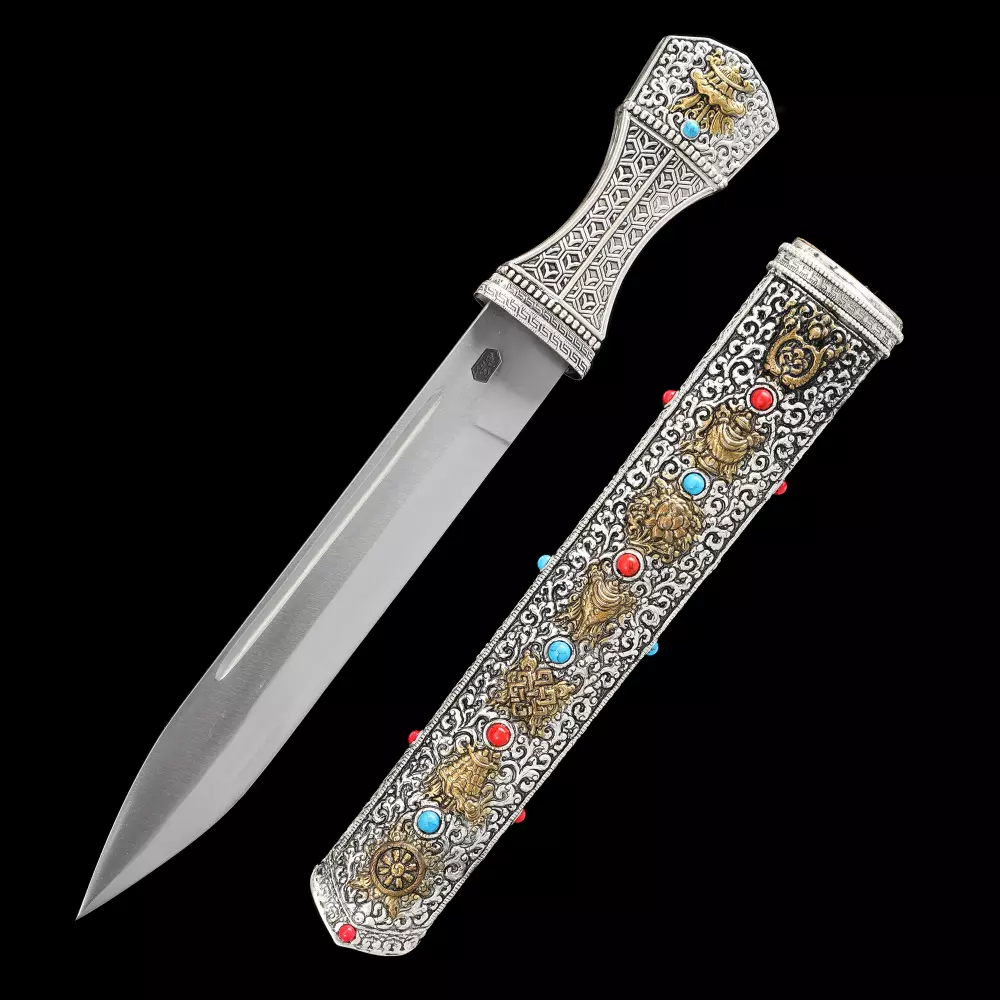 Tibetan Dagger | Silver Tibetan Knife, Double Edge Blade Tibetan Dagger | Silver Tibetan Knife, Double Edge Blade