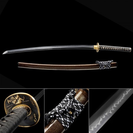 Handmade Japanese Samurai Sword T10 Folded Clay Tempered Steel Real Hamon With Brown Scabbard