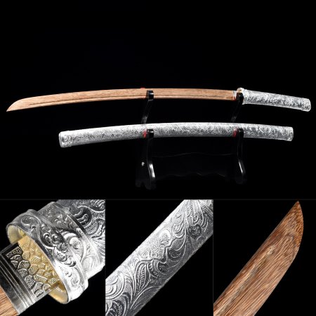 Handmade Wooden Blade Unsharpened Katana Samurai Sword With Silver Scabbard And Alloy Tsuba