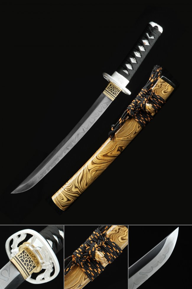 T10 Steel Tanto in Natural Wood Saya with Dragon Tsuba - Real Hamon & Wave Engraving