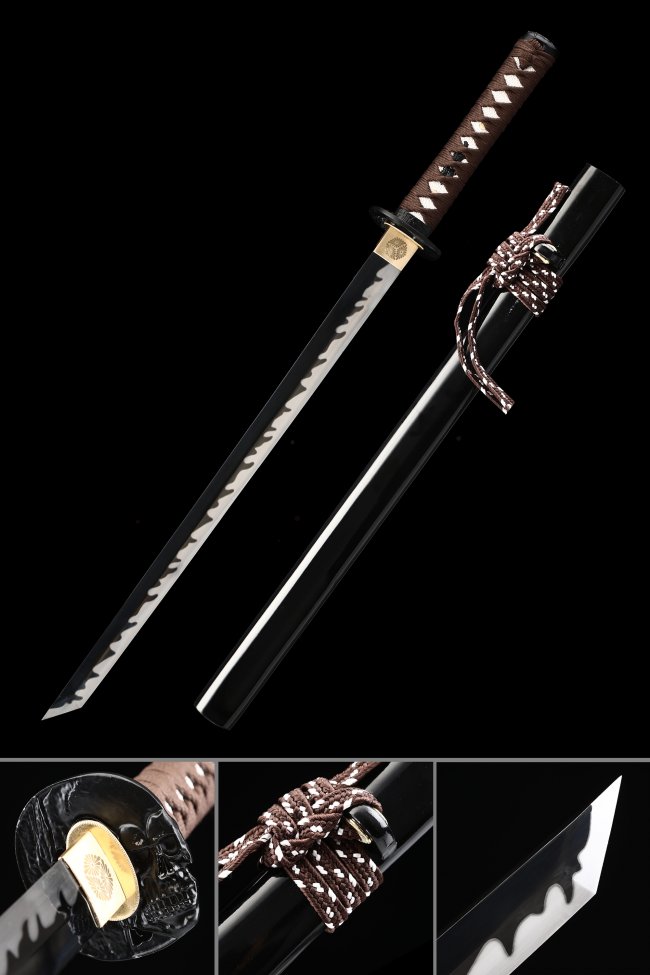 Full Tang Ninjato with Black Manganese Steel Blade, Skull Tsuba & Brown Cord Handle