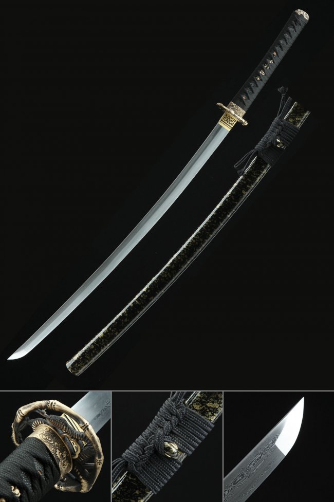 Damascus Steel Katana with Snake Tsuba - Black-Gold Lacquer Saya, Engraved Blade