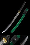 Short Katana, Handmade Wakizashi Sword T10 Folded Clay Tempered Steel With Green Scabbard
