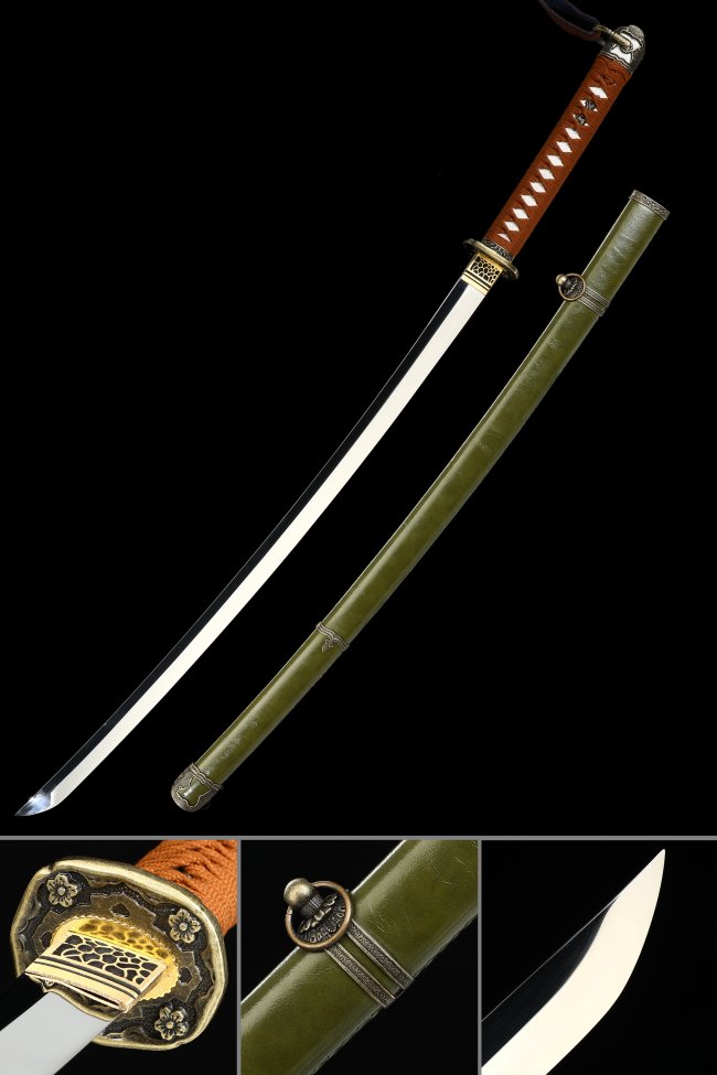 WW2 Shin Gunto Katana 1095 Carbon Steel Blade Green Leather Saya Brown Tsuka