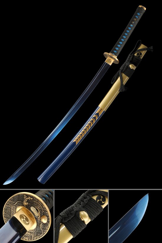 Spring Steel Blue Blade Katana with Snake Tsuba - Black & Gold Koshirae, Hardwood Lacquer Saya