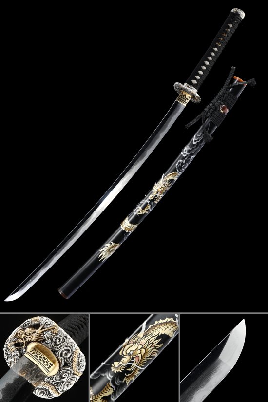 Damascus Steel Katana with Black Lacquer Dragon Saya - Silver-Gold Dragon Tsuba, Black Cord Handle