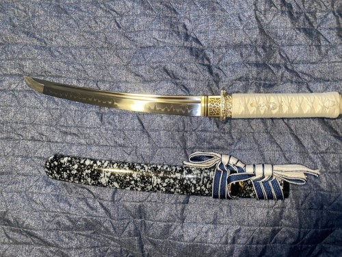 Handmade Tanto Sword T10 Carbon Steel Real Hamon With Blue Scabbard