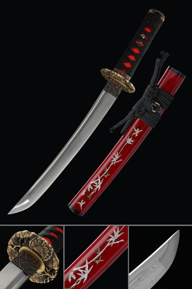 Damascus Steel Tanto in Red Lacquer Saya with Floral Copper Tsuba - Black & Red Cord Wrap