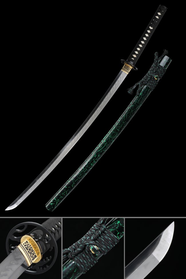 Ornate Scroll Tsuba T10 Carbon Steel Katana, Handmade, Black Green Dragon Saya & Black Tsuka