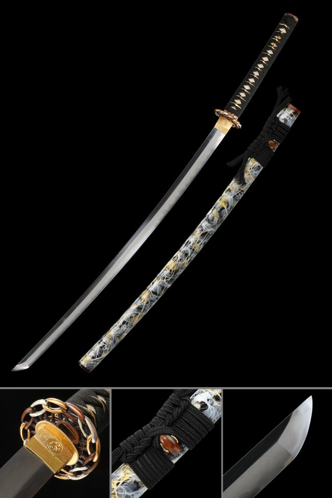 Folded Damascus Steel Katana Replica with Bronze Tsuba - White-Gold Cloud Saya, Black Cord Handle
