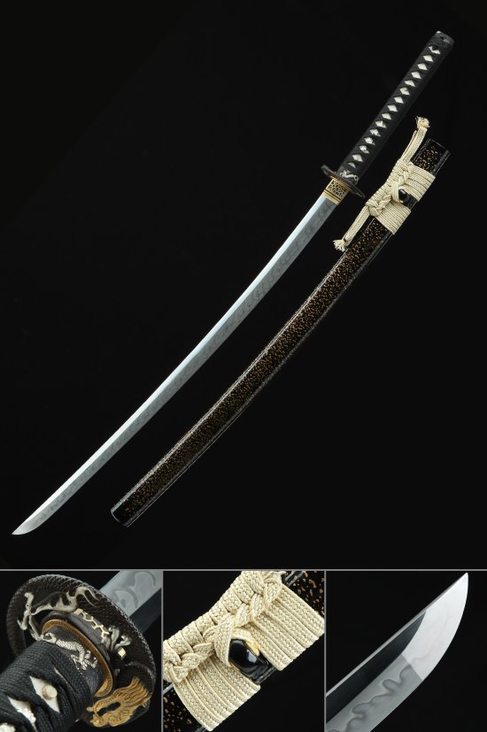 Dragon Tsuba T10 Carbon Steel Katana, Clay Tempered, Handmade & Black Saya
