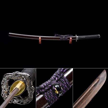 Handmade Brown Wooden Blade Unsharpened Katana Sword With Black Scabbard And Kirsite Tsuba