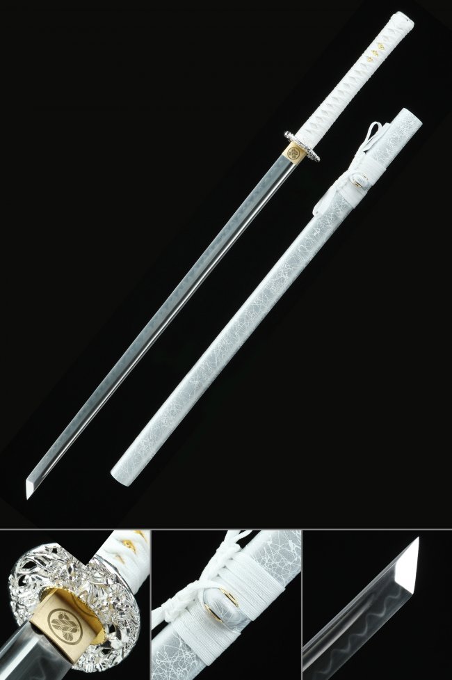 T10 Carbon Steel Chokuto Ninjato with Real Hamon in White Saya - Silver Orchid Tsuba Collectible Sword