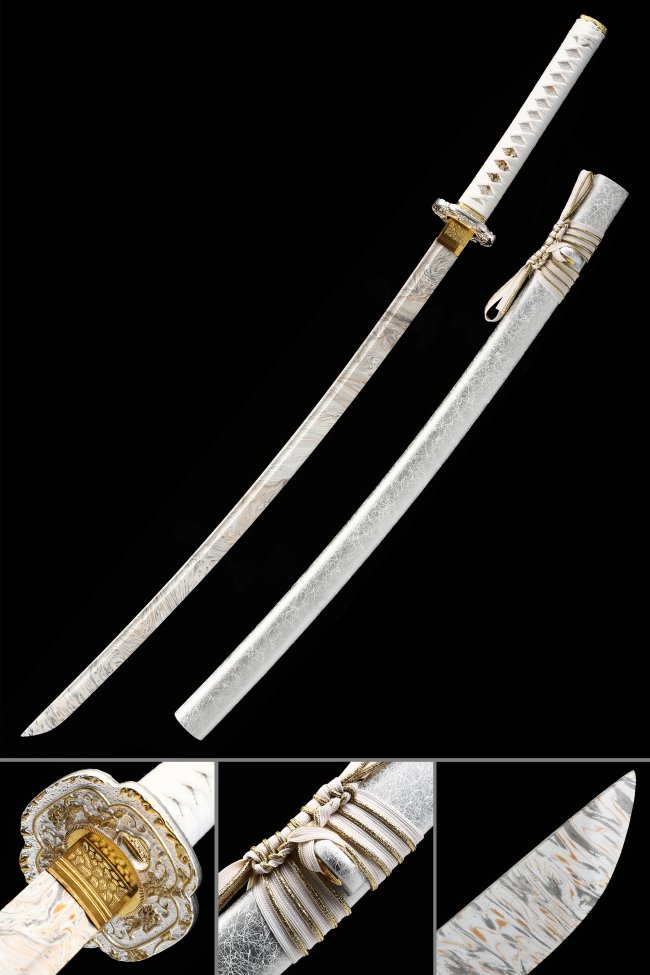 Folded Damascus Steel Katana with White Marble Saya and Gold Bamboo Tsuba - Collectible Sword