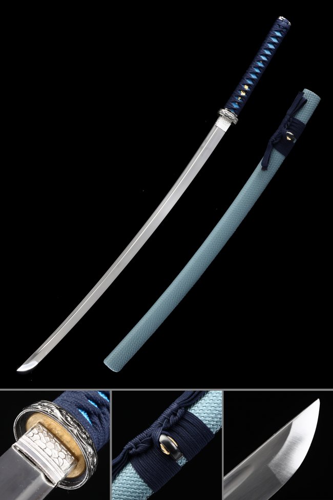 Manganese Steel Katana with Teal Lacquer Saya, Dark Blue Tsuka Wrap & Silver Ornate Tsuba