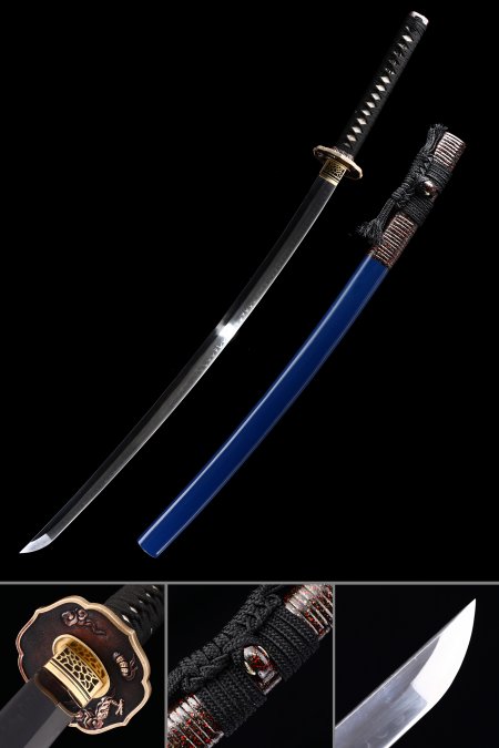 Épée Katana Japonaise Faite à La Main En Acier Trempé D'argile Pliée T10 Avec Fourreau Bleu