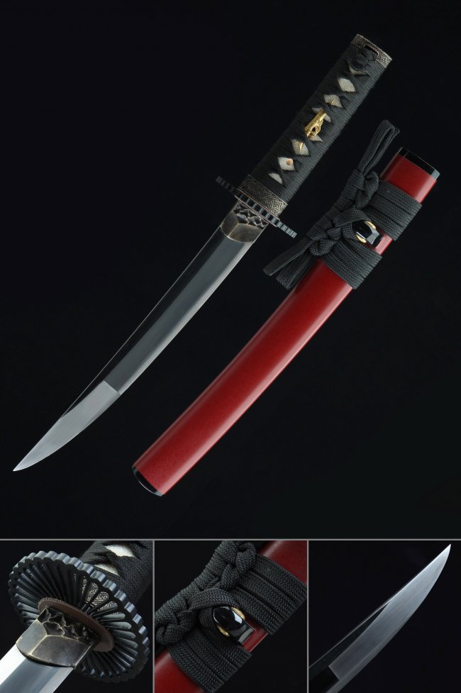 T10 Carbon Steel Tanto with Red Lacquer Saya - Black Cord Handle, Chrysanthemum Iron Tsuba