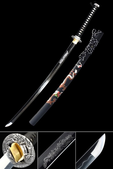 Full-tang 1090 Carbon Steel Katana With Dragon Themed Saya And Tsuba