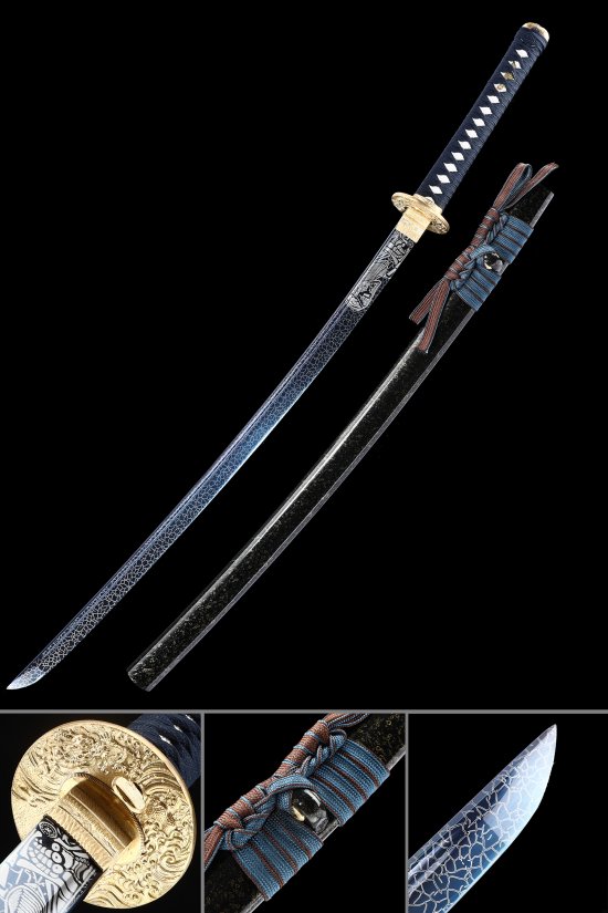 1065 Carbon Steel Katana with Blue Crackle Blade - Gold Dragon Tsuba, Dark Blue Ito, Black Lacquer Saya
