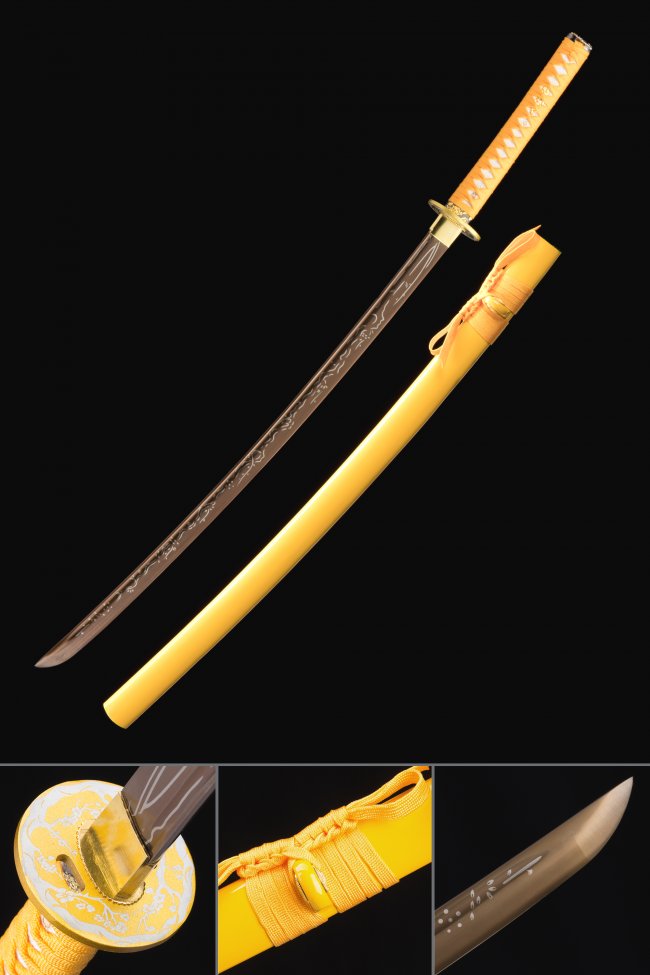 Yellow Katana 1045 Carbon Steel with Floral Alloy Tsuba and Yellow Hardwood Saya
