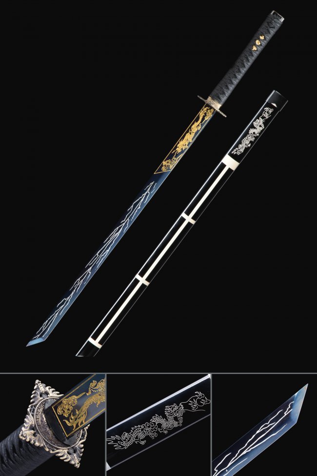 Manganese Steel Japanese Straight Sword with Blue Lightning Blade and Dragon Engravings
