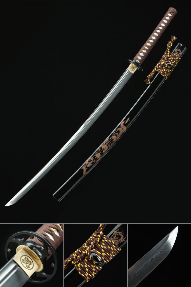 Damascus Steel Katana with Black Lacquer Dragon Saya - Brown Tsuka, Skull Tsuba, Full Tang