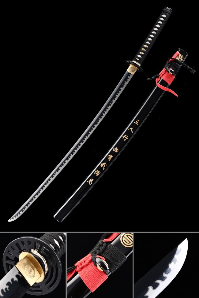 Manganese Steel Full Tang Katana with Black Saya Gold Kanji Engraving and Iron Tsuba