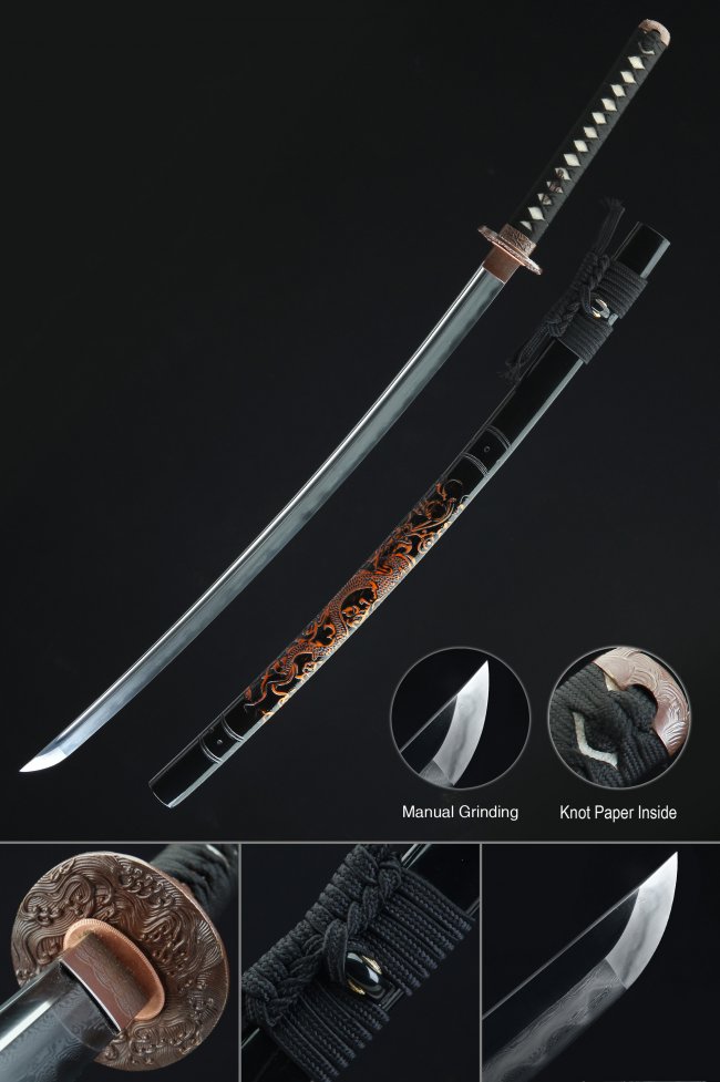 Damascus Steel Hamon Katana with Dragon Engraved Black-Orange Saya, Brown Dragon Tsuba, Full Tang