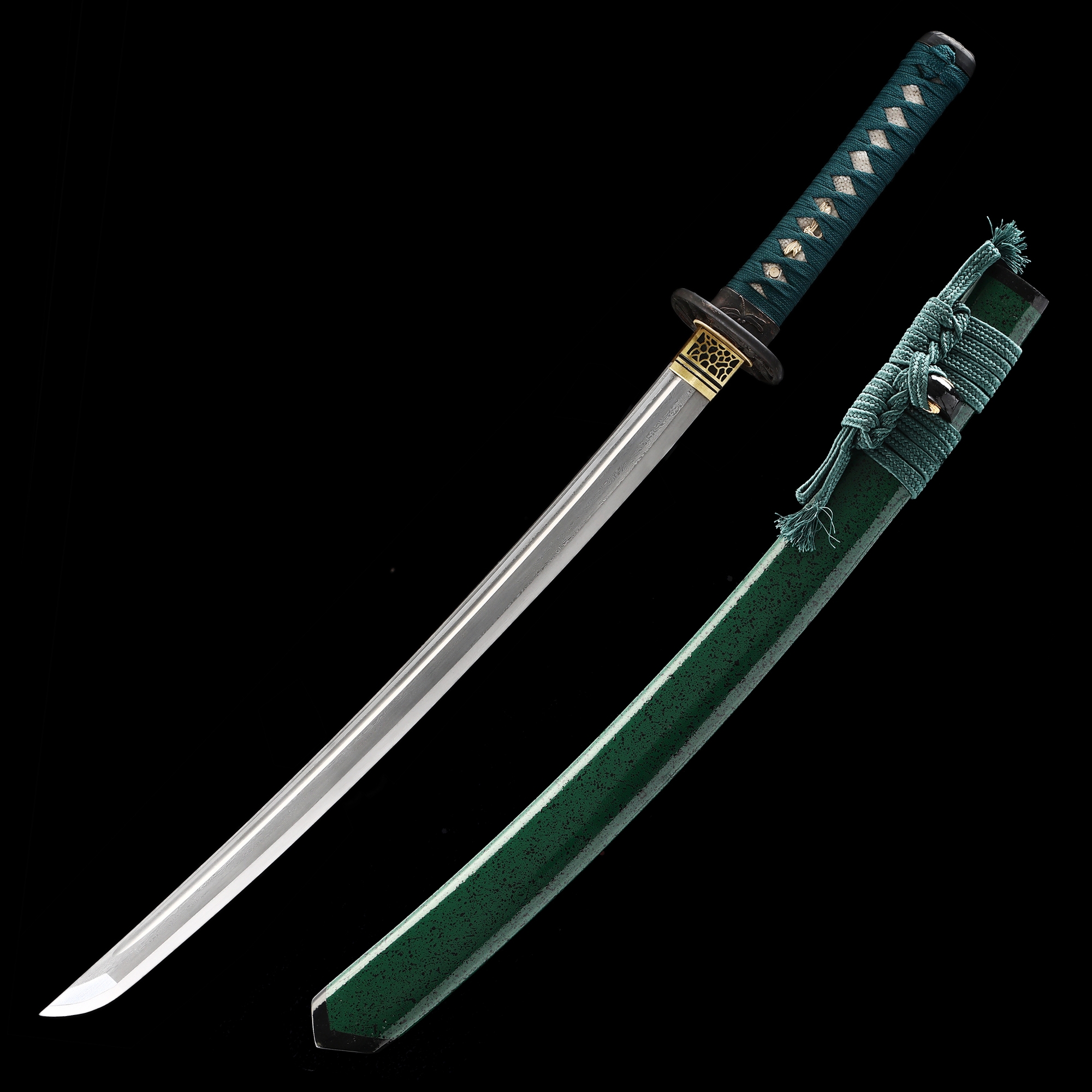Green Wakizashi | Damascus Steel Wakizashi with Green Lacquer Saya