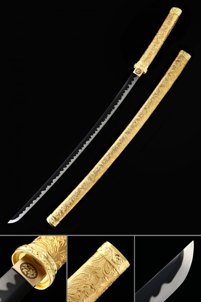 Golden Katana - Spring Steel Black Blade with Gold PU Leather Saya and Carved Fittings