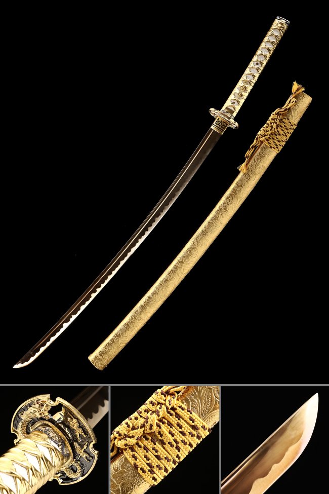 Golden Katana - Clay-Tempered T10 Steel Sword with Dragon Tsuba and Engraved Gold Saya