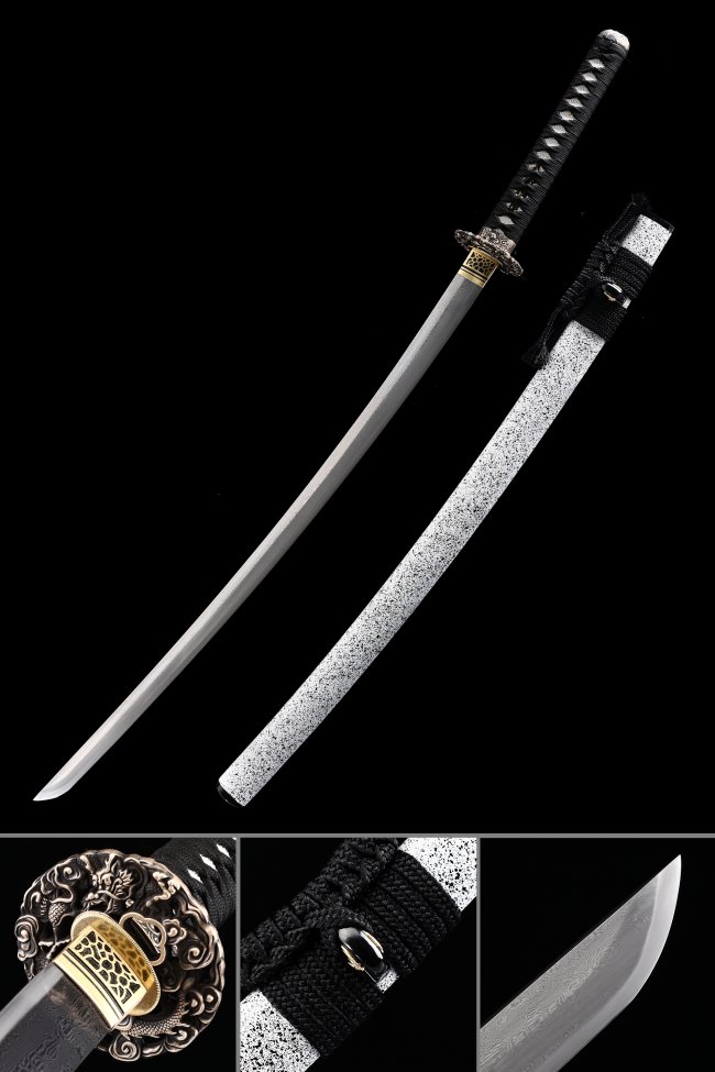 1000-Layer Folded Steel Katana with White Speckled Saya - Dragon Tsuba, Black Ito