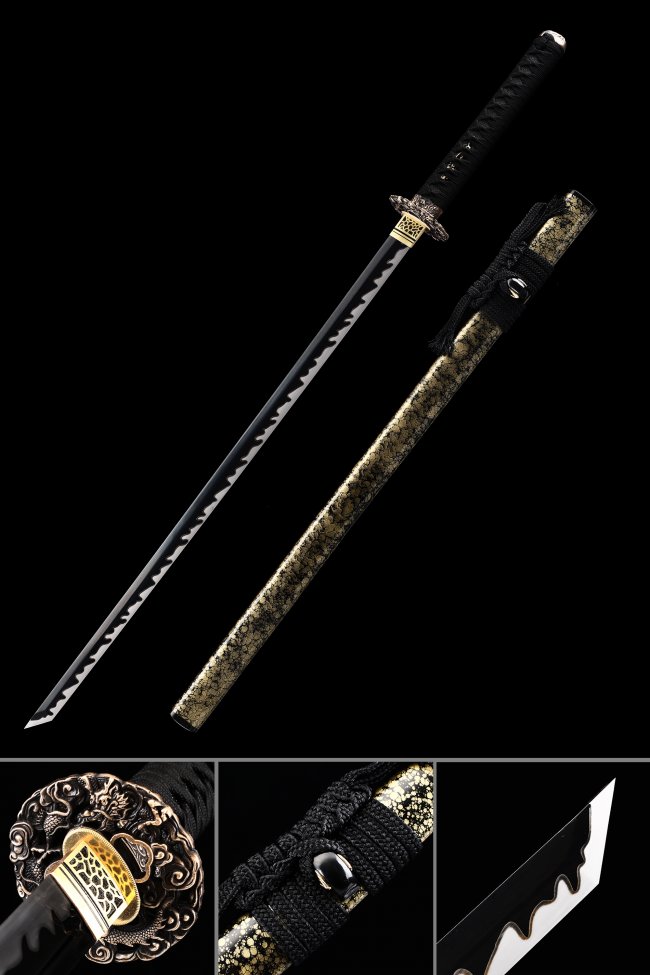 Manganese Steel Ninjato with Black Blade & Dragon Tsuba in Gold-Black Flower Saya