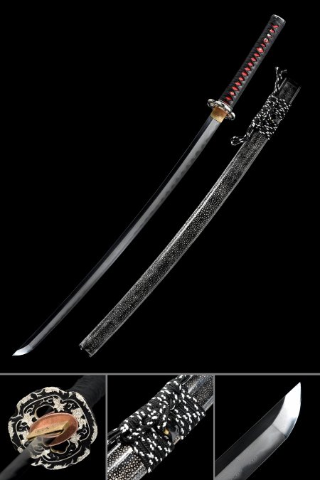High-performance Japanese Katana Sword Damascus Steel With Black Rayskin Saya