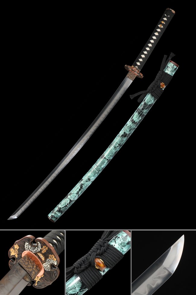 Flower Tsuba T10 Carbon Steel Katana, Real Hamon, Teal Saya & Black Tsuka