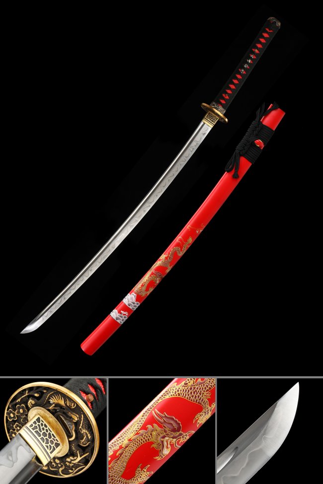 T10 Carbon Steel Katana with Hamon Blade - Red Dragon Saya, Gold Phoenix Tsuba
