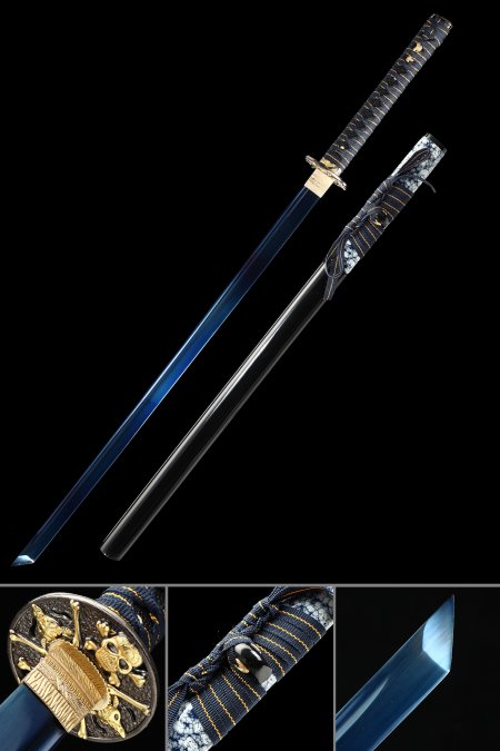 Handcrafted 1095 Carbon Steel Ninjato With Blue Blade And Skull-themed Tsuba