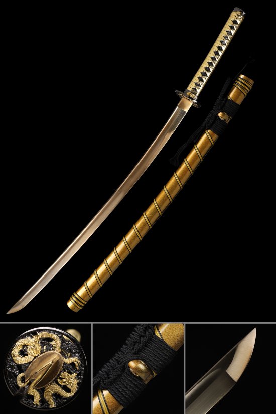 1090 Carbon Steel Katana with Gold Blade, Dragon Tsuba & Gold Hardwood Saya - Koshirae Style