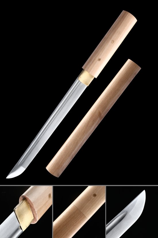 1095 Carbon Steel Tanto with Natural Wood Saya - Full Tang Shirasaya-Style Replica