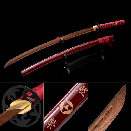 Handmade Brown Wooden Blunt Unsharpened Blade Katana Samurai Sword With Red Scabbard