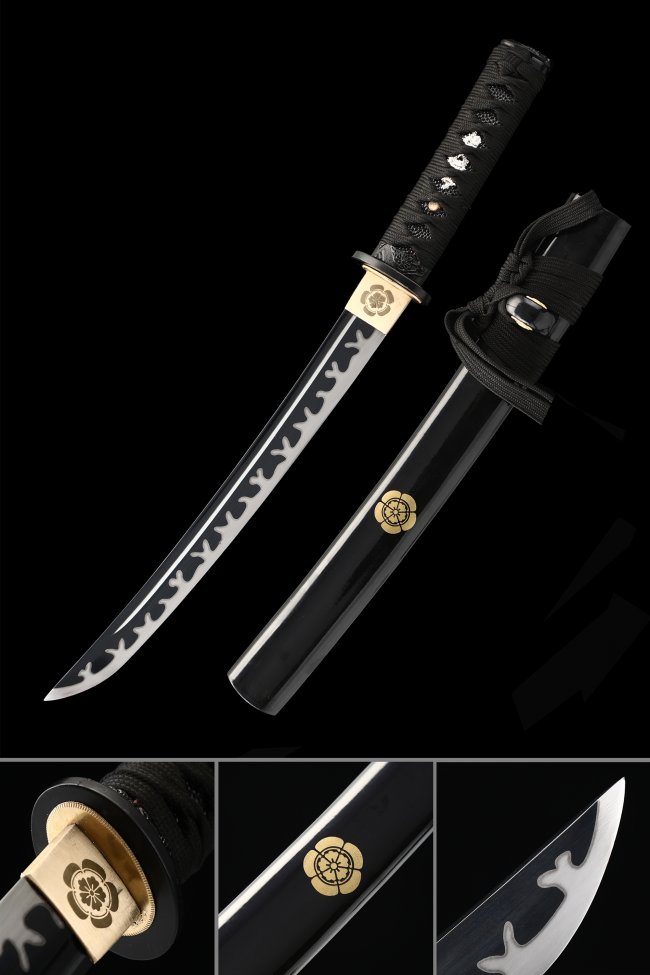 Tanto in High Manganese Steel with Black Blade, Raging Fire Hamon, and Black Hardwood Saya