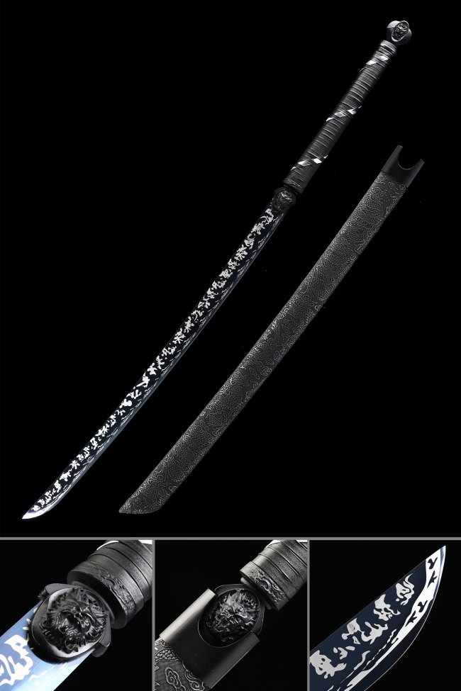 Lion Tsuba Manganese Steel Katana, Full Tang, Handmade & Black Dragon Saya