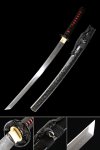 Short Katana, Handmade Japanese Wakizashi Sword T10 Folded Clay Tempered Steel With Black Scabbard