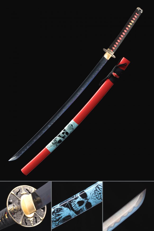 T10 Steel Black Blade Katana with Skull Copper Tsuba and Red Lacquered Saya - Full Tang Collectible Sword