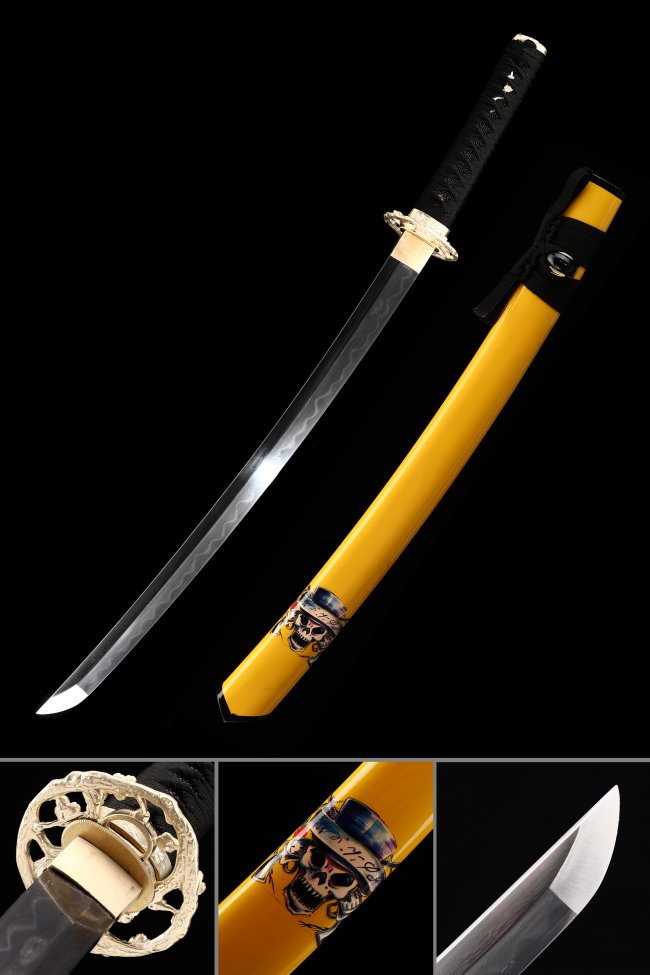 Damascus Steel Wakizashi with Yellow Lacquer Saya - Skull Art, Black Ito, Ornate Copper Tsuba