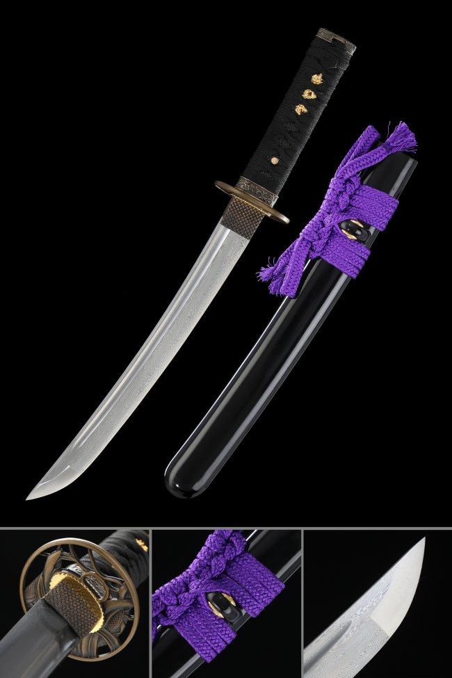Damascus Steel Tanto with Black Lacquer Saya, Bronze Tsuba and Purple Sageo - Dragon Engraved Blade