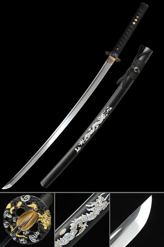 1095 Carbon Steel Full Tang Katana with Silver Dragon Painted Black Saya and Gold Alloy Tsuba