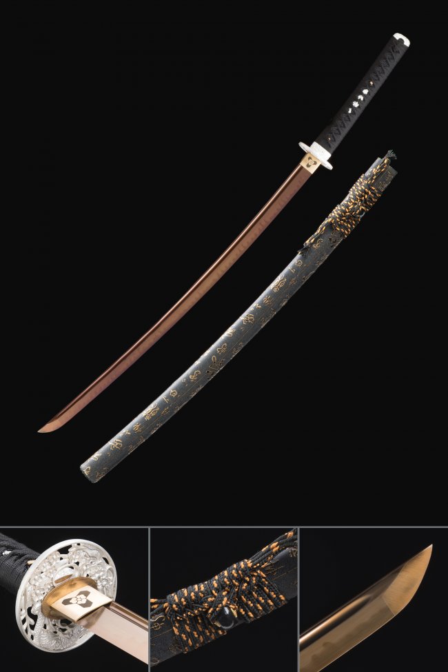 T10 Carbon Steel Katana with Golden Brown Blade - Silver Chrysanthemum Tsuba, Black-Gold Saya